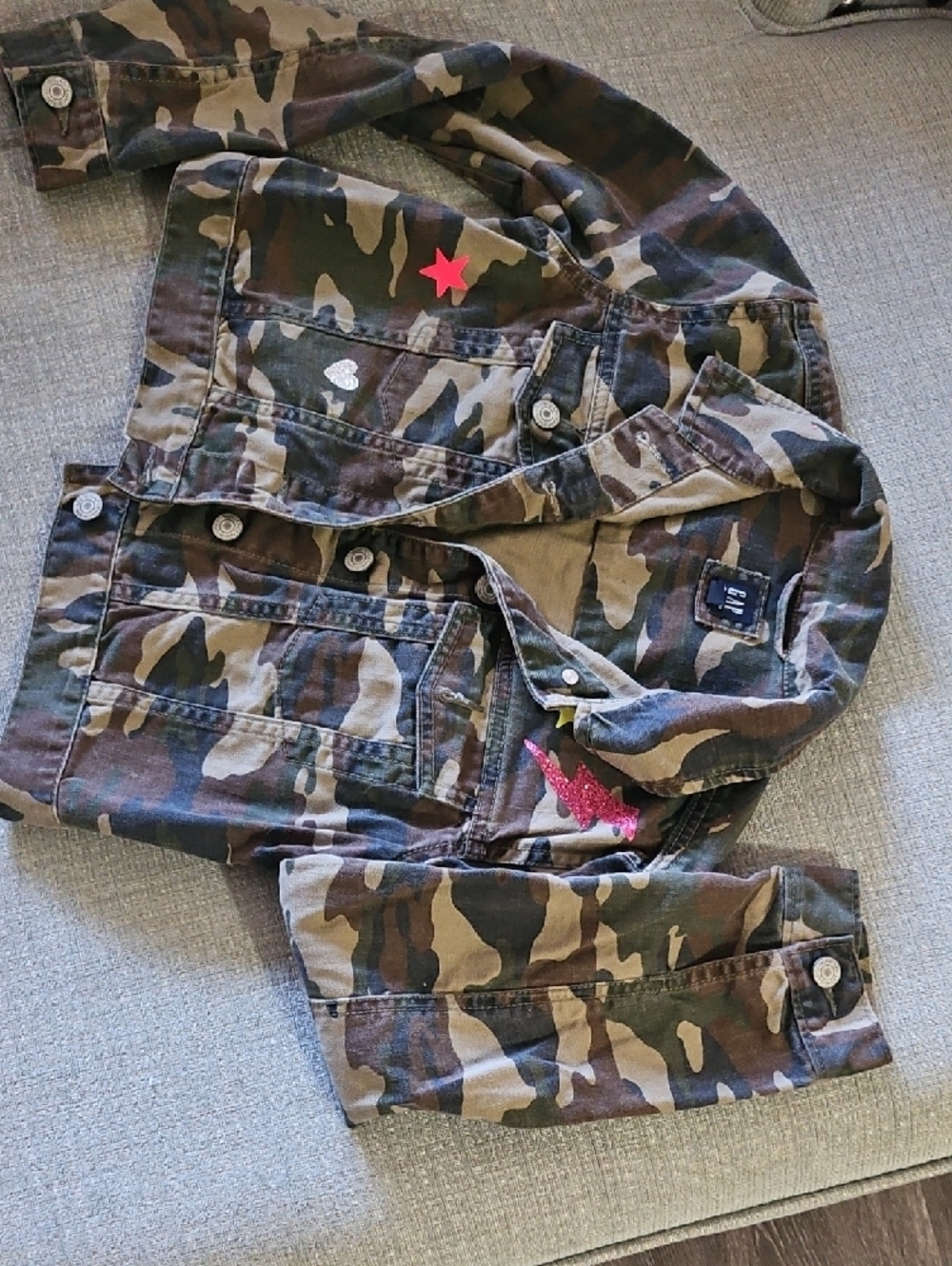 GAP Green and Brown Camo Cropped Jacket with Pink Glitter Accents